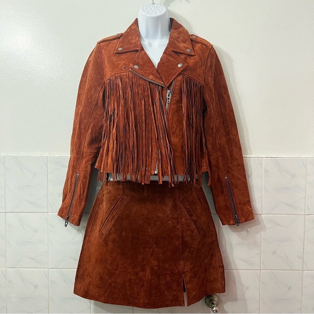 Blank NYC Rust Brown Suede Fringe Leather Jacket and Skirt Set